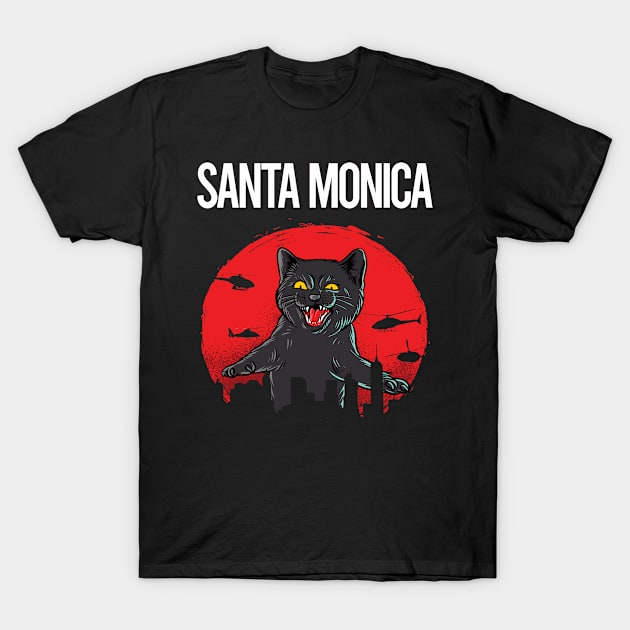 Funny Black Cat Santa Monica T-Shirt by flaskoverhand